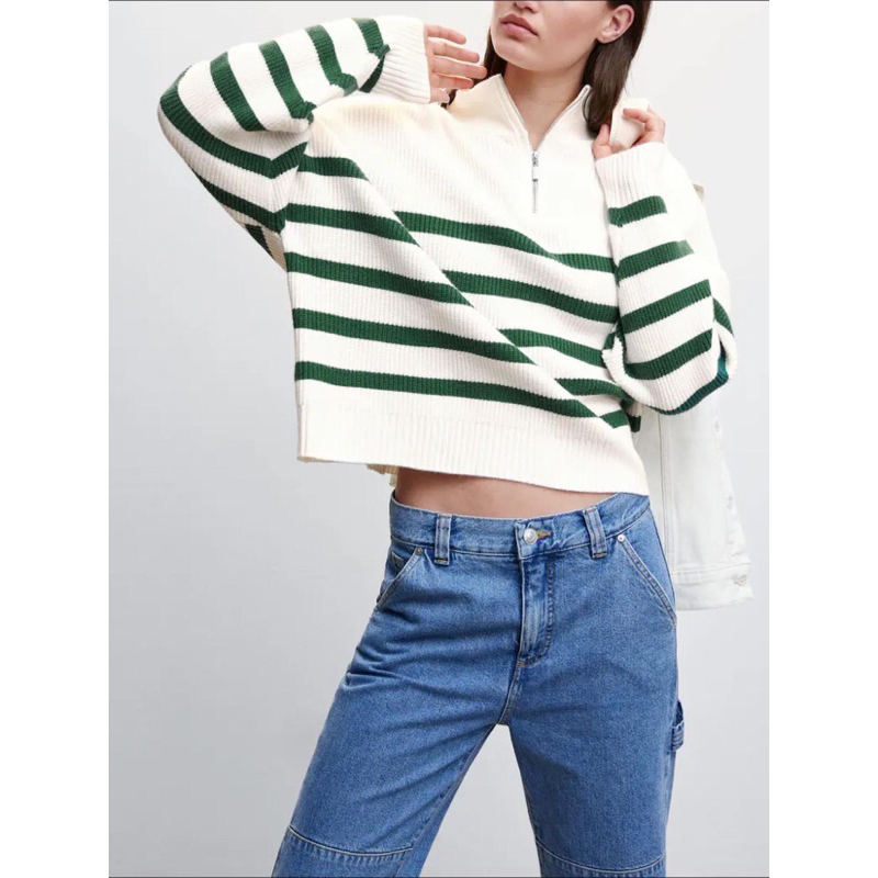 Áo len khoá kẻ xanh MANGO AUTH new tag XS