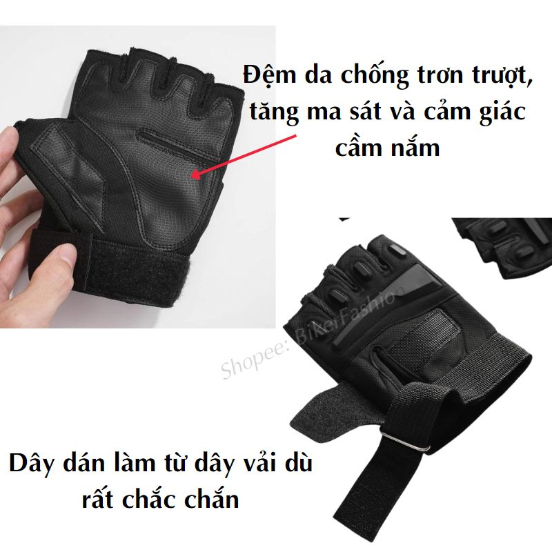 Găng Tay Xe Máy, Đi Phượt Blackhawk 2 ĐEN Cụt Ngón Cao Cấp ĐI PHƯỢT