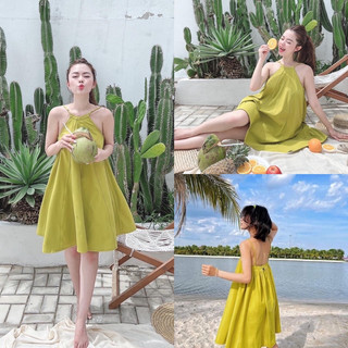Váy cổ yếm buộc dây dáng xoè, Đầm yếm trắng dự tiệc, đi biển