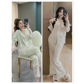 Đồ bộ mặc nhà Pijama lụa xước ren thiết kế cổ V