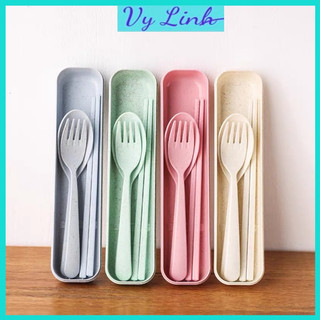 Bộ 3 thìa đũa dĩa có hộp đựng chất liệu lúa mạch an toàn cho bé M10
