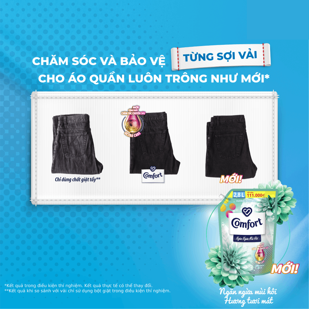 Nước xả vải Comfort Ngăn ngừa mùi hôi Hương Tươi Mát túi 2.8L