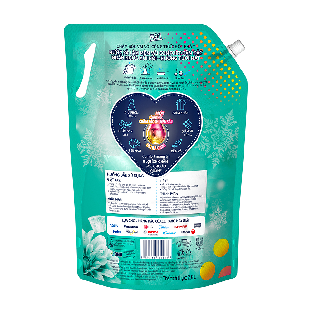 Nước xả vải Comfort Ngăn ngừa mùi hôi Hương Tươi Mát túi 2.8L