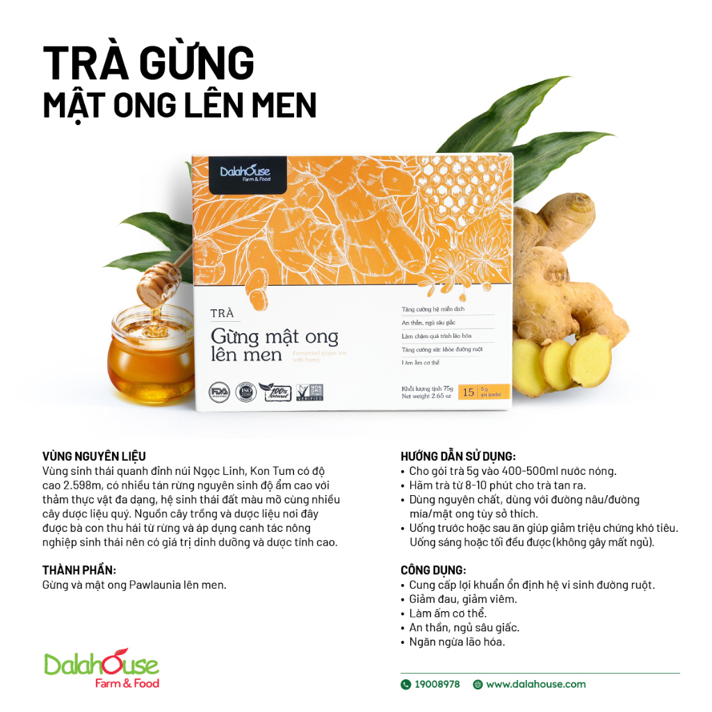 Trà Thảo Dược - Trà Gừng Mật Ong Lên Men - Fermented Ginger Tea With Honey - An Thần, Ấm Cơ Thể - Hộp 75g