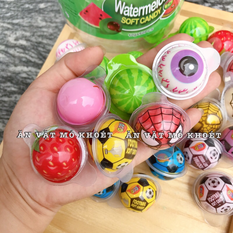 Kẹo dẻo có nhân viên nhỏ hình con mắt/trái banh/dưa hấu/dâu/vịt