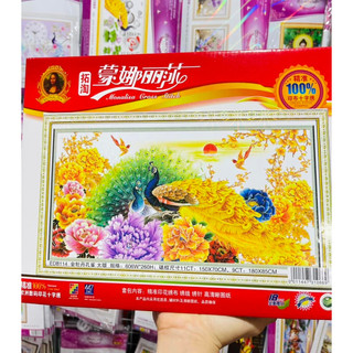 tranh thêu chữ thập chim công hoa mẫu đơn kt 150x63cm và 195x80cm LOẠI 1