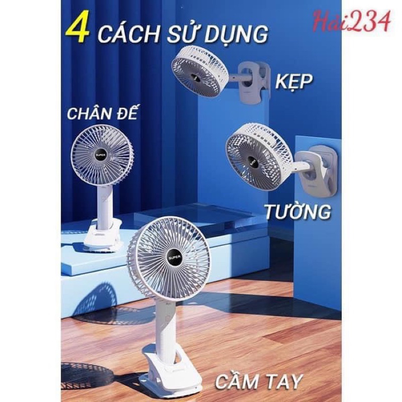 😍 Quạt Tích Điện Để Bàn Super, Quạt Kẹp Super 3 Tốc Độ Gió, Cổng Sạc USB Xoay 180 Độ Siêu Tiện Lợi