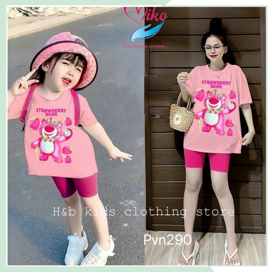 Áo thun cổ tròn mùa hè cho bé gái, set bộ cotton in họa tiết gấu kèm quần legging đùi cho bé đi học đi chơi BBG75