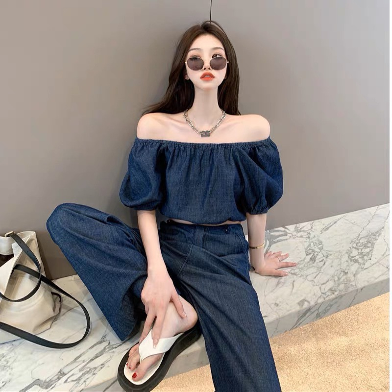 Set Denim Nữ, Bộ Áo Croptop Trễ Vai Tay Ngắn Phồng Quần Suông Ống Rộng Thời Trang Mùa Hè 2023 Phong Cách Đường Phố Mới