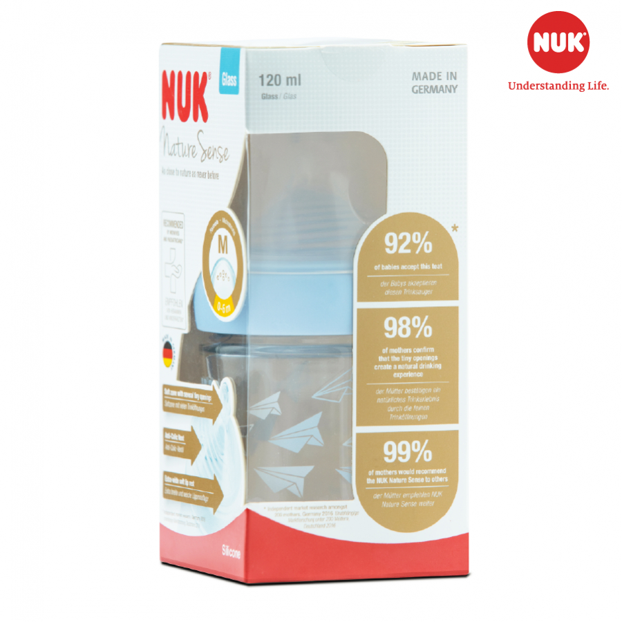 Bình sữa NUK Nature Sense thủy tinh 120ml núm ti S1 - M