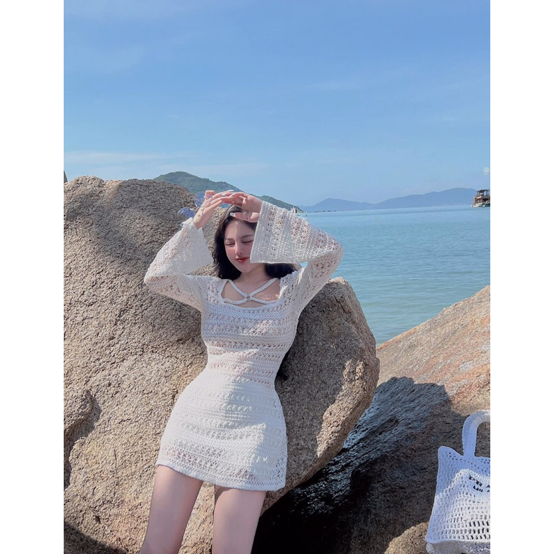 Đầm ren dây chéo ngực tay dài 2 lớp đi biển đi chơi