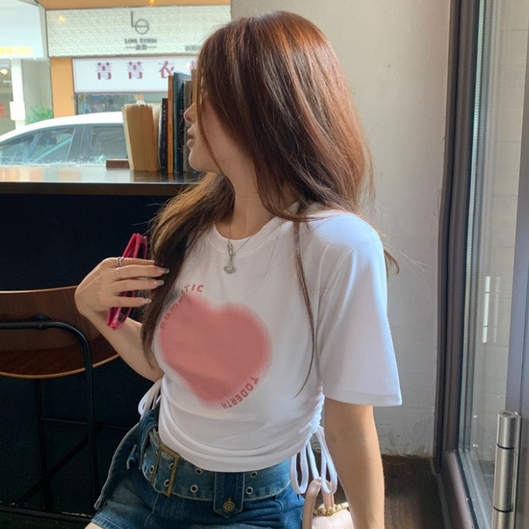 Áo thun baby tee nữ có dây rút họa tiết trái tim chất liệu cotton co giãn Shine.Clothes, Áo croptop dây rút ôm dáng