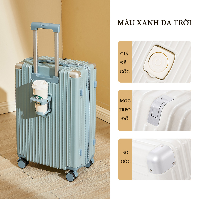 Vali du lịch cao cấp SIZE 20, Vali kéo có cổng sạc USB kèm giá đựng cốc cao cấp, Bảo hành 5 năm và đổi trả trong 7 ngày