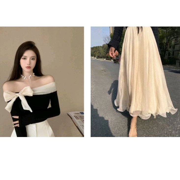 Set áo nơ voan và chân váy voan bồng bềnh hai lớp dày dặn tiệc trà tiệc cưới