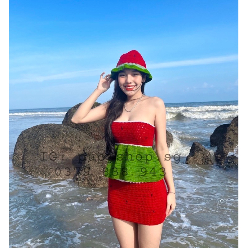 Set len móc Dưa Hấu- Áo dây và chân váy dưa hấu len móc thủ công HandMade( Có sẵn- ẢNH THẬT BÊN SHOP)