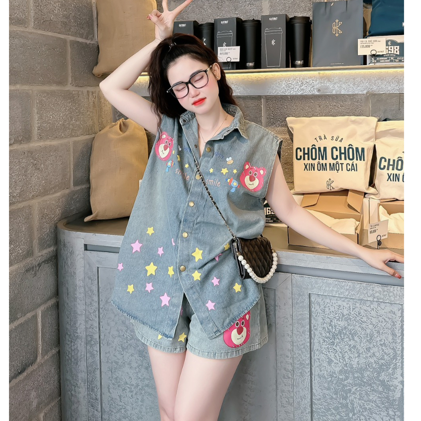 Set jean đùi áo sơ mi quần short ngắn lưng thun  65kg, Sét bò đùi