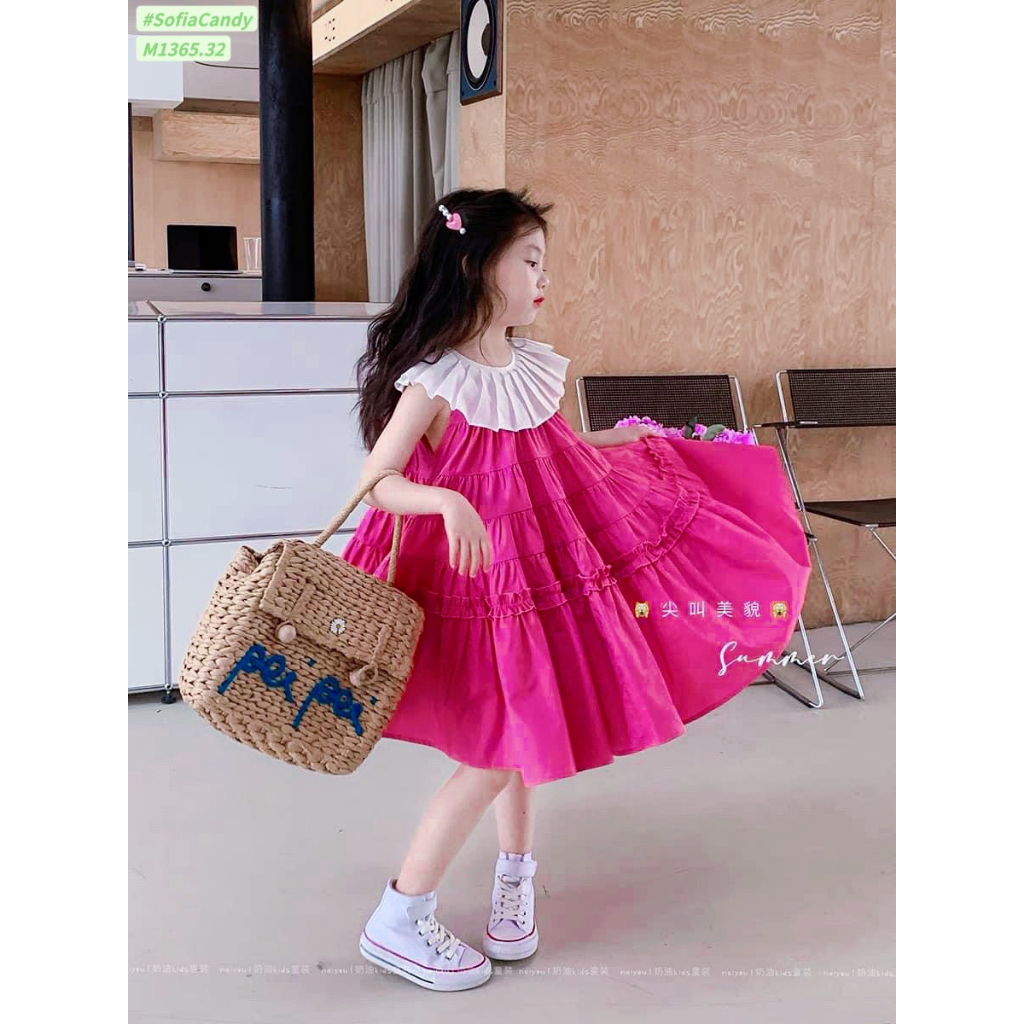 Váy bé gái cao cấp, váy thiết kế dáng cổ xếp ly tròn, thân váy phối bèo nhẹ nhành phong cách tiểu thư cho bé từ 8-40kg