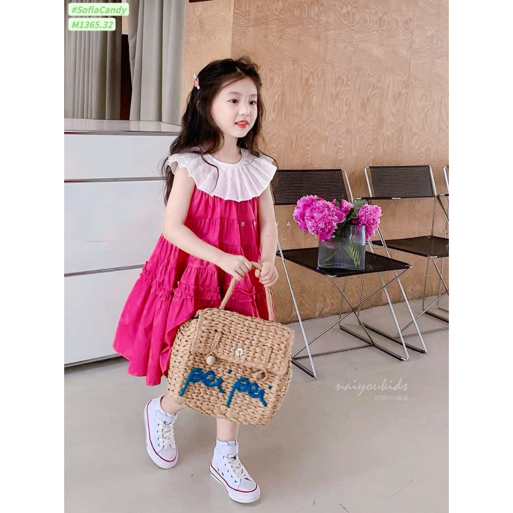 Váy bé gái cao cấp, váy thiết kế dáng cổ xếp ly tròn, thân váy phối bèo nhẹ nhành phong cách tiểu thư cho bé từ 8-40kg