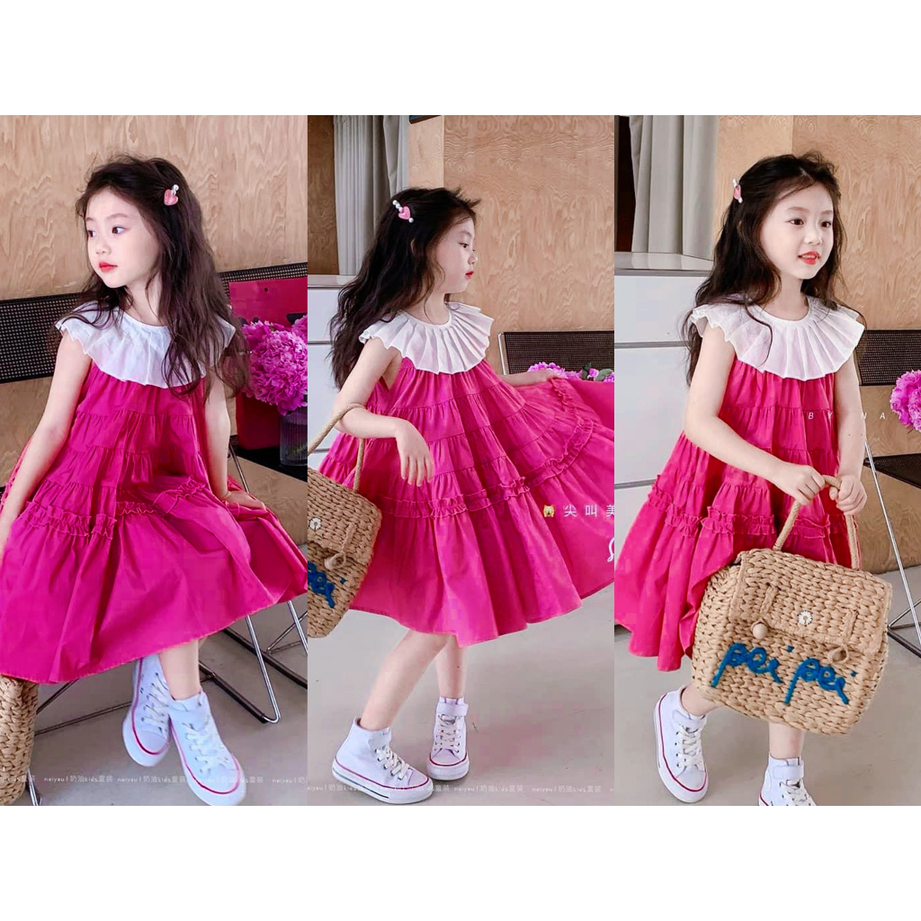 Váy bé gái cao cấp, váy thiết kế dáng cổ xếp ly tròn, thân váy phối bèo nhẹ nhành phong cách tiểu thư cho bé từ 8-40kg