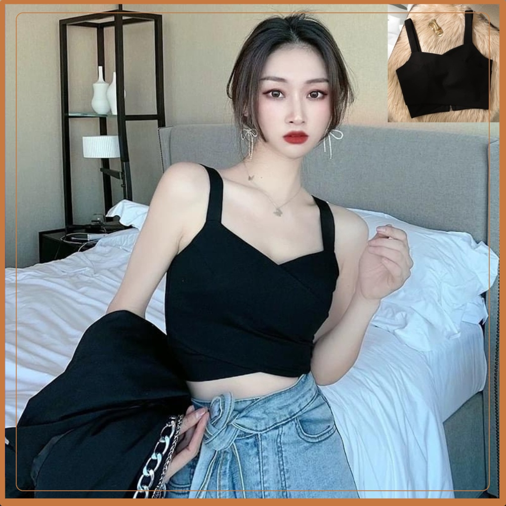 Áo Bra nữ, kiểu áo croptop 2 dây may hai lớp dày dặn, thoáng mát, có mút ngực, chất liệu Umi Nhật cao cấp của BIGBI SHOP