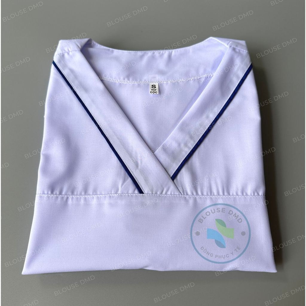 Đồng phục blouse scrubs cổ tim Nữ Dược sĩ, Nhà thuốc, Quầy thuốc, Quần áo Blu màu trắng viền xanh lá, xanh dương