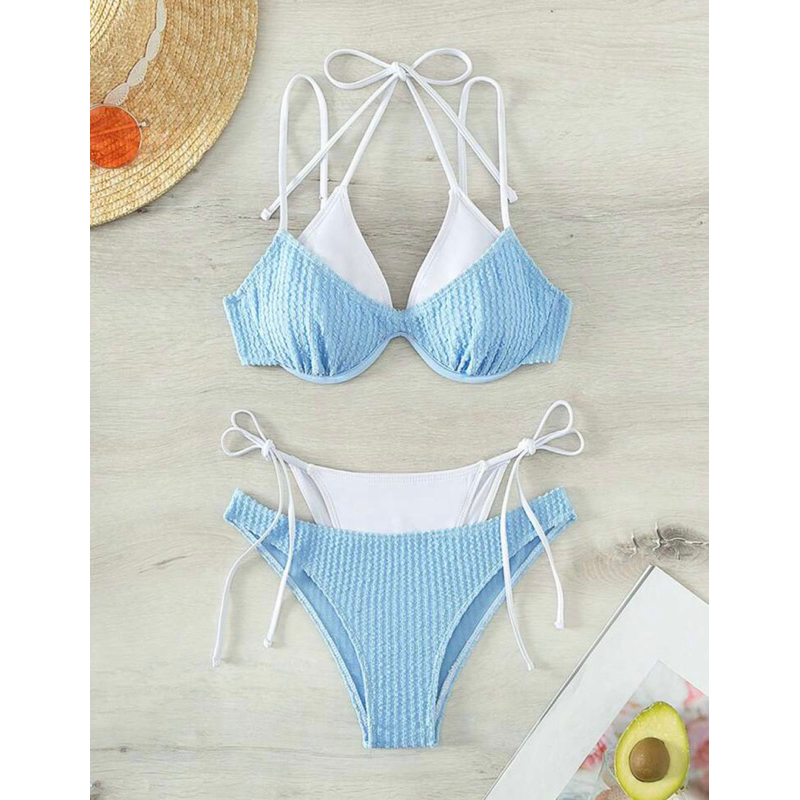 Bộ Bikini Nữ Thắt nút Thêu Smock Khối Màu
