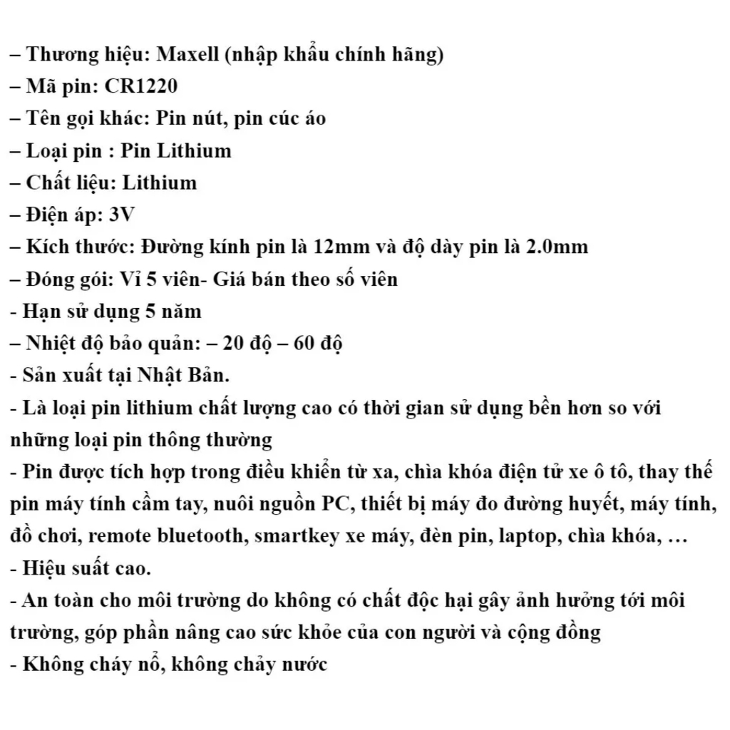Pin CR1220 Maxell 3V Hàng Chính Hãng Made in Japan
