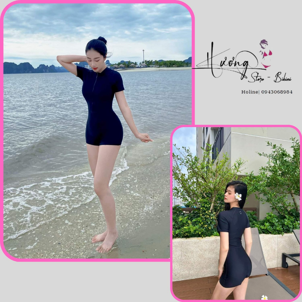 Bikini đồ bơi đi Biển liền thân khóa kéo trước form short kín đáo màu đen trẻ trung mẫu áo tắm Hot h