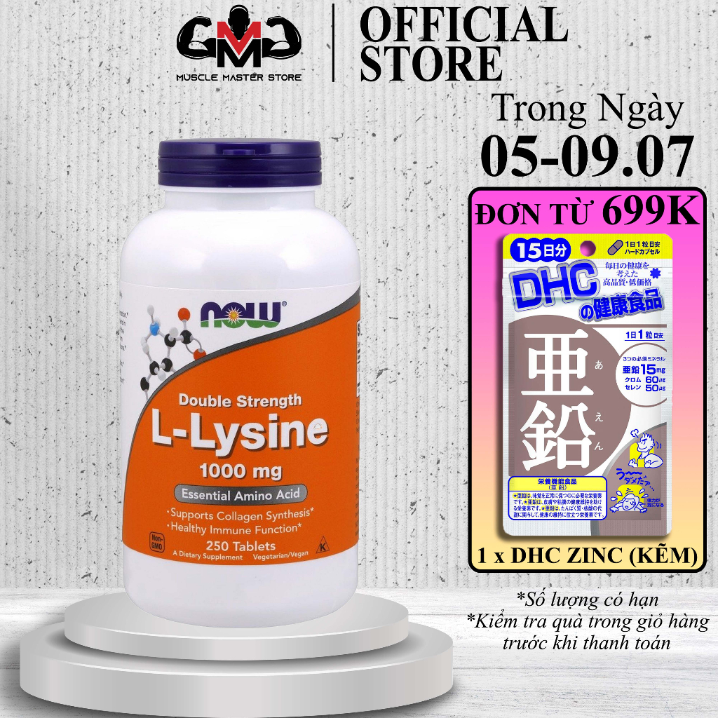 Thực Phẩm Bổ Sung Phòng Ngừa Mụn Ngoài Da, Tổng Hợp Collagen Đẹp Da NOW L-Lysine 1000 mg 250 Viên