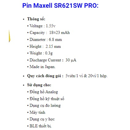 Pin đồng hồ SR621SW PRO Maxell chính hãng SR621 / 621 / 364 - Made in Japan