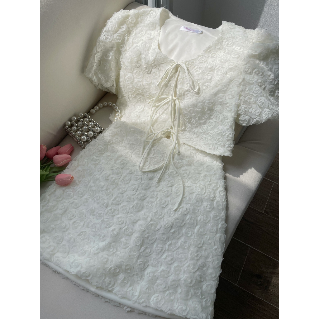 Set áo croptop thắt nơ kèm chân váy chữ A Vayemcloset