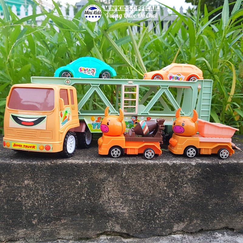 Xe ô tô 2 tầng chở xe đầu thú xinh xắn, màu sắc tươi sáng, chất liệu an toàn cho bé - Đồ chơi MiniKids