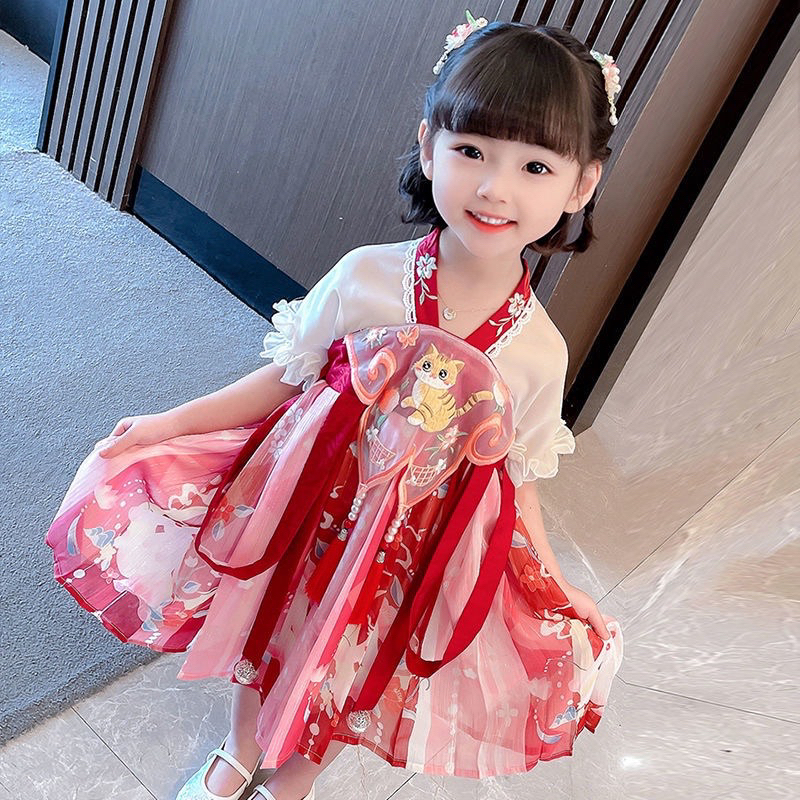 Đầm Hán Phục Thêu Họa Tiết Mèo Phong Cách Mới Cho Bé Gái