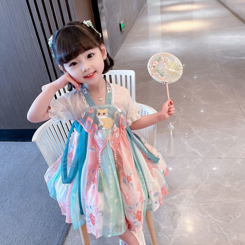 Đầm Hán Phục Thêu Họa Tiết Mèo Phong Cách Mới Cho Bé Gái