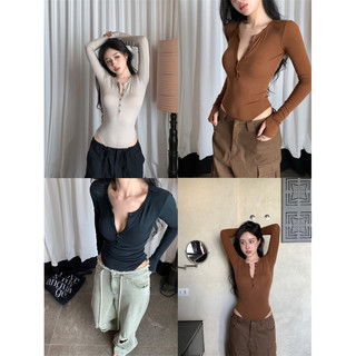 (HÀNG CÓ SẴN BE/NÂU/XANH) BODYSUIT NỮ DÀI TAY CỔ V ULZZANG