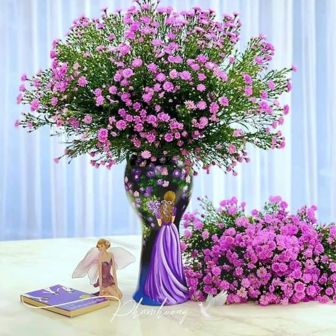 Bình hoa cô gái màu tím vẽ thủ công 3D cao cấp, lọ hoa gốm sứ Bát Tràng decor trang trí phòng khách, bàn tiệc sang trọng