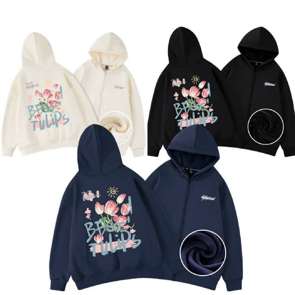 Áo Khoác Nỉ Bông Hoa TuLips Best Nón 2 Lớp  - Áo Hoodie Có Khóa Kéo Zip Kiểu Rộng Unisex Cặp Đôi Nam Nữ Thu Đông