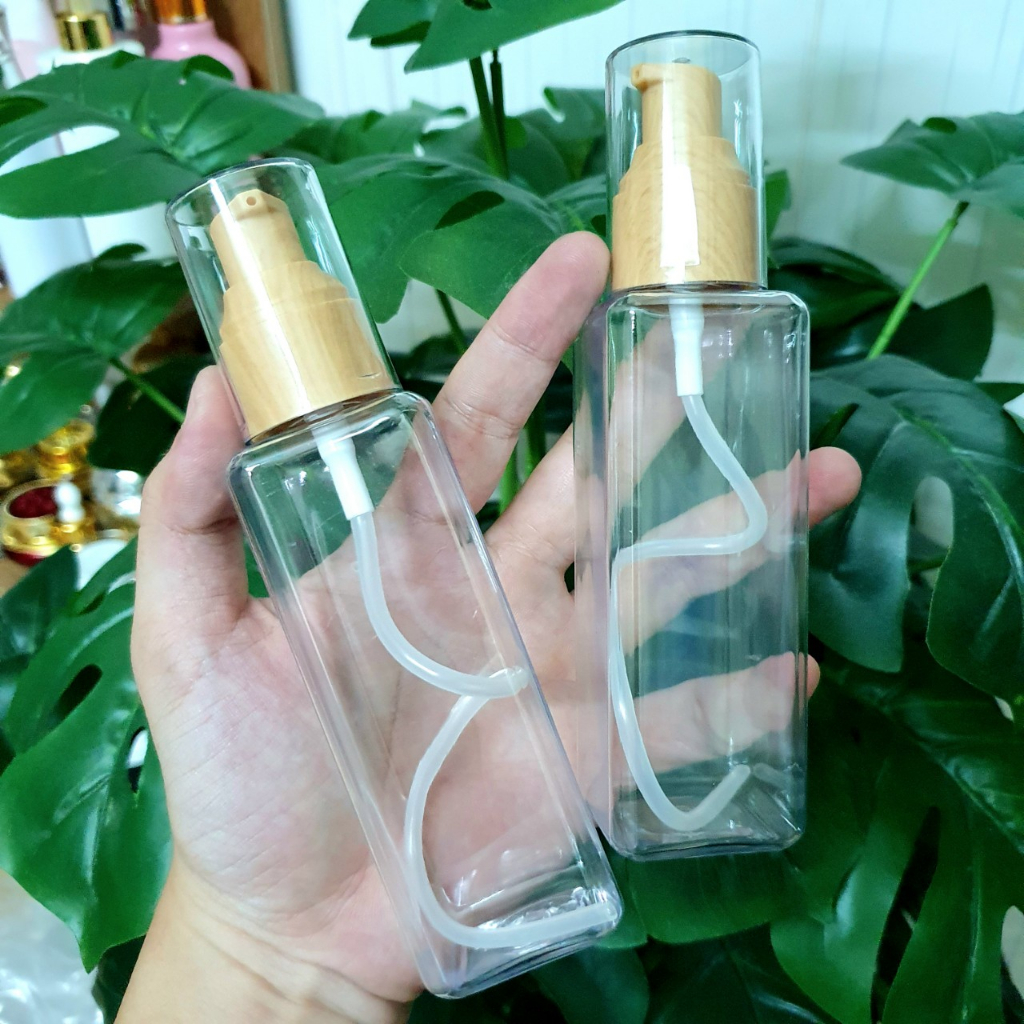 Chai nhựa thân vuông trong suốt có vòi vân gỗ 100ml