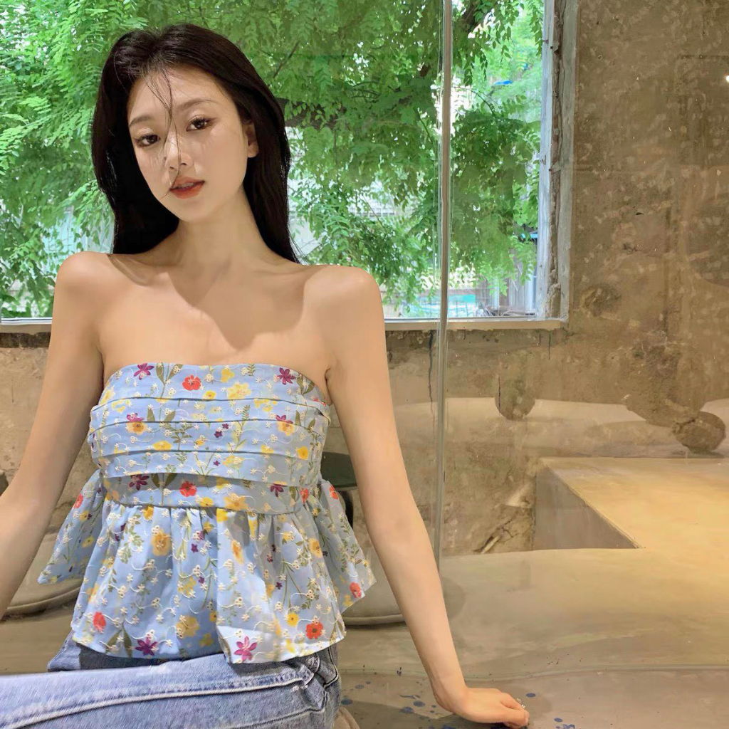 Áo kiểu nữ, Áo quây hoa nhí xếp ly ngực dáng xòe peplum xinh xắn