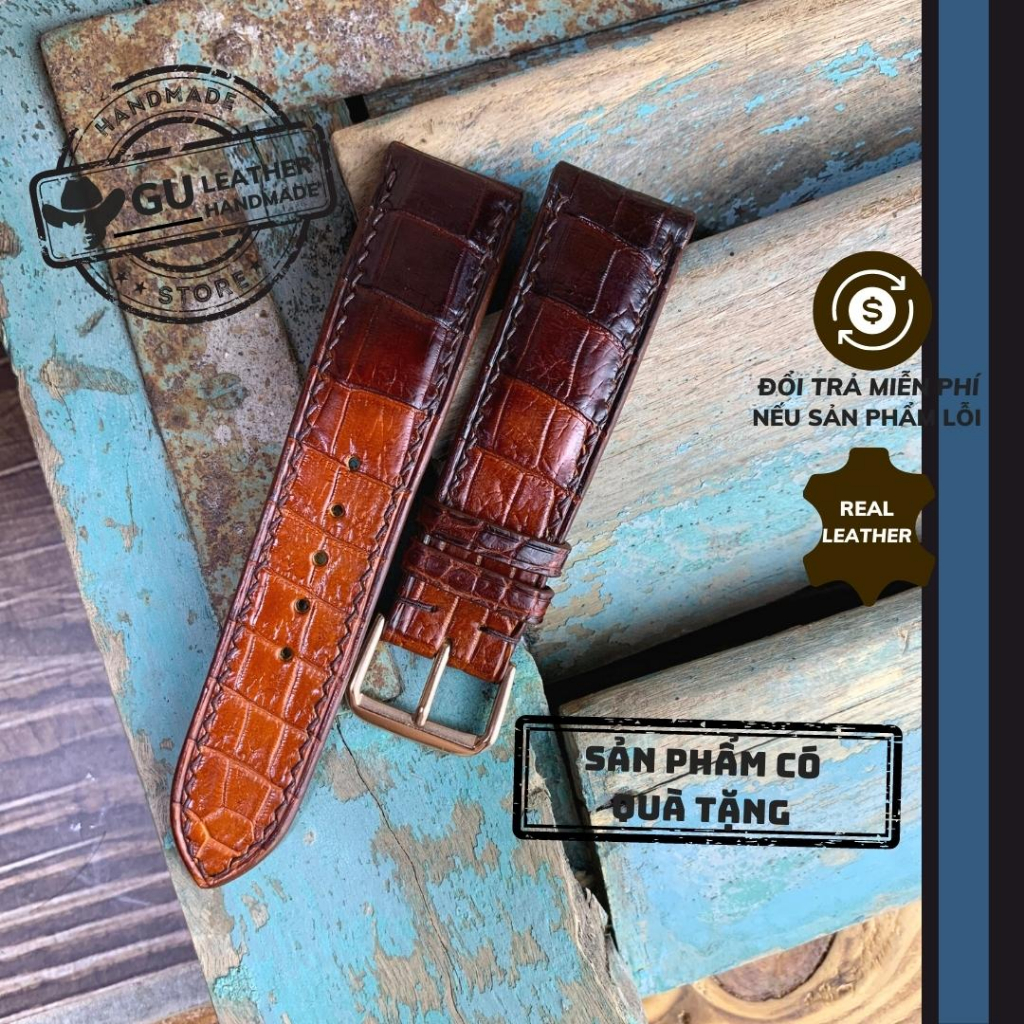 Dây đồng hồ handmade chất liệu da cá sấu nhuộm patina size 16/ 18/ 20/ 21/ 22/ 24 - GU Leather