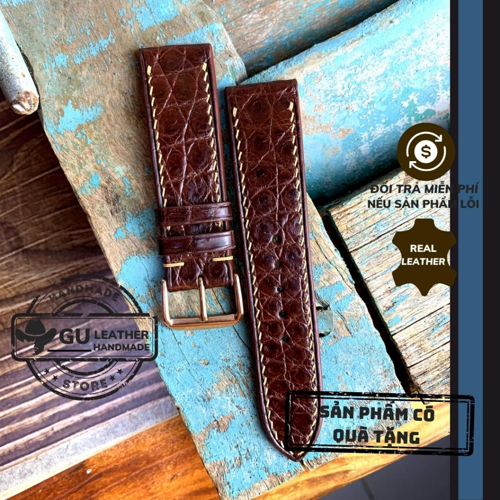 Dây đồng hồ thủ công chất liệu da cá sấu vân hông và hàm size dây 16/ 18/ 20/ 21/ 22/ 24 - GU Leather