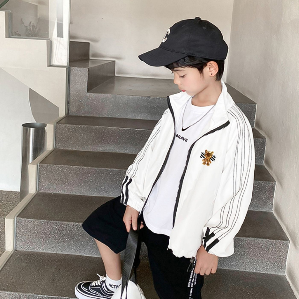 Áo khoác trẻ em dù 2 lớp bé trai phối sọc 0390 in hình cá tính