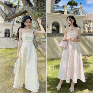 Đầm 2Dây thời trang nữ mặc đi chơi chất vải GẤM TAPTA xếp ly ngực kèm dây cổ đính hoa,