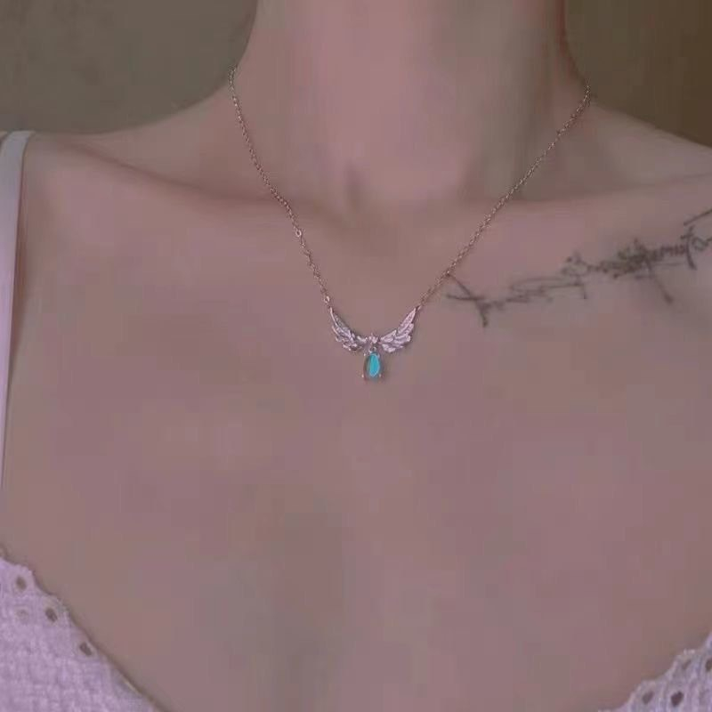 Vòng cổ dây chuyền bạc phong cách Y2K đính đá hình đôi cánh thiên thần tinh tế, nhẹ nhàng - M1417