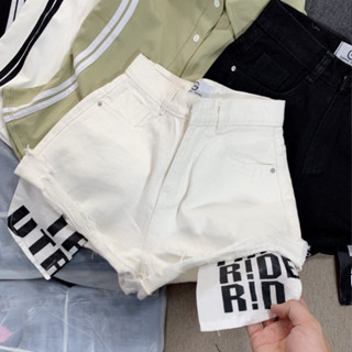    nhatran   Quần đùi short jean nữ lưng cao rách xước chất Denim Pants túi lòi in chữ 