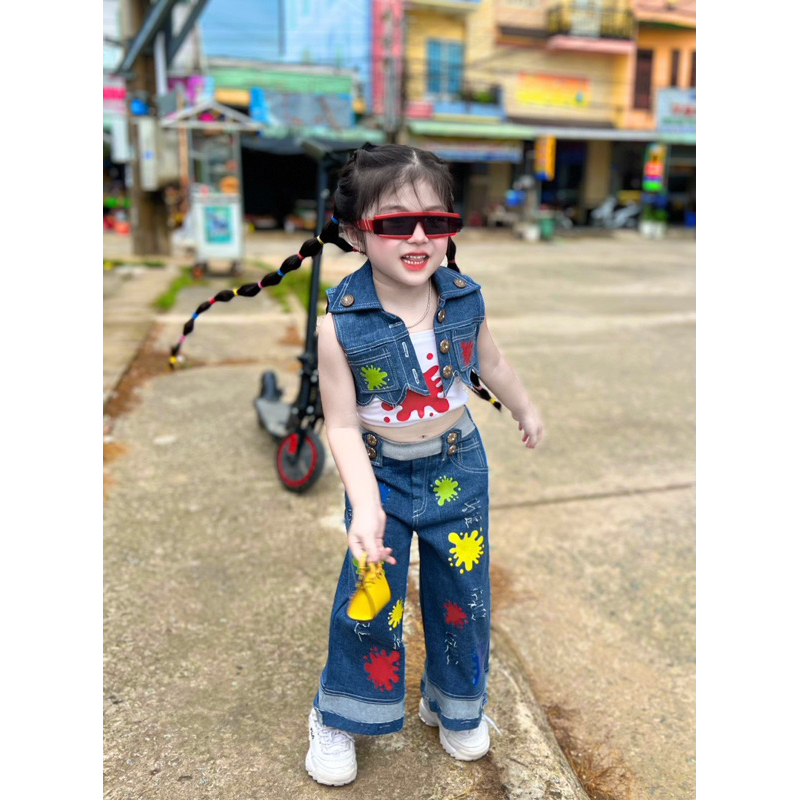 Sét quần jeans+ áo ghi lê+áo 2 dây bé gái