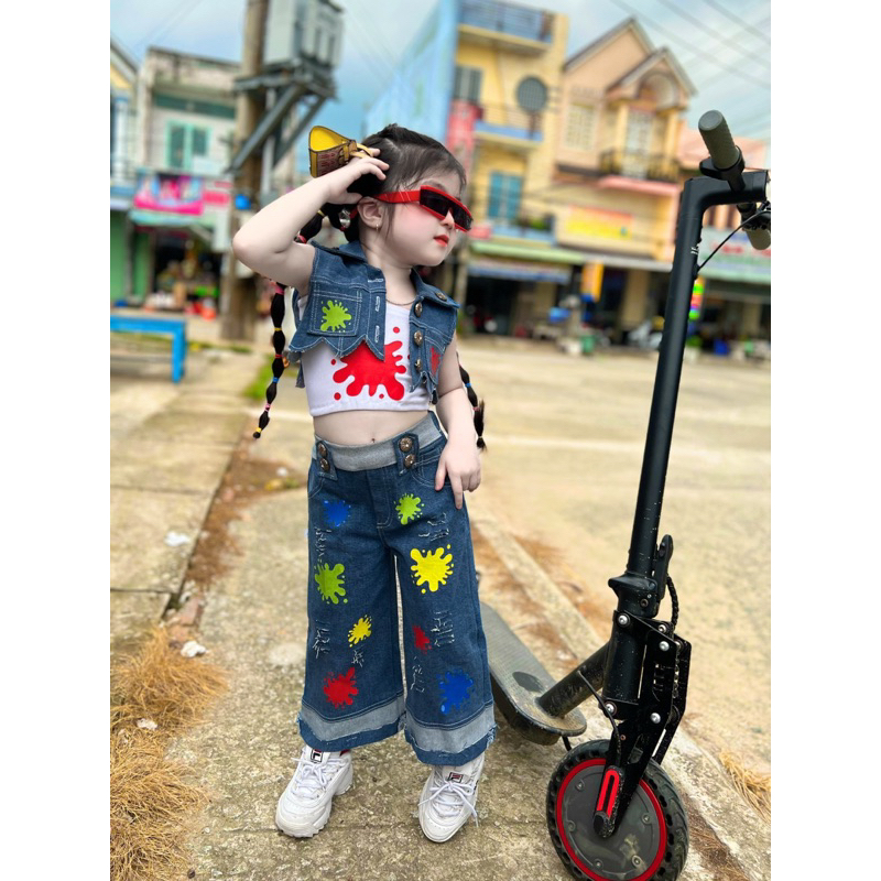 Sét quần jeans+ áo ghi lê+áo 2 dây bé gái