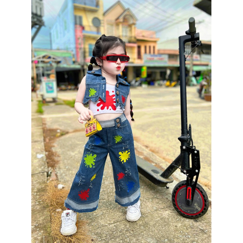 Sét quần jeans+ áo ghi lê+áo 2 dây bé gái