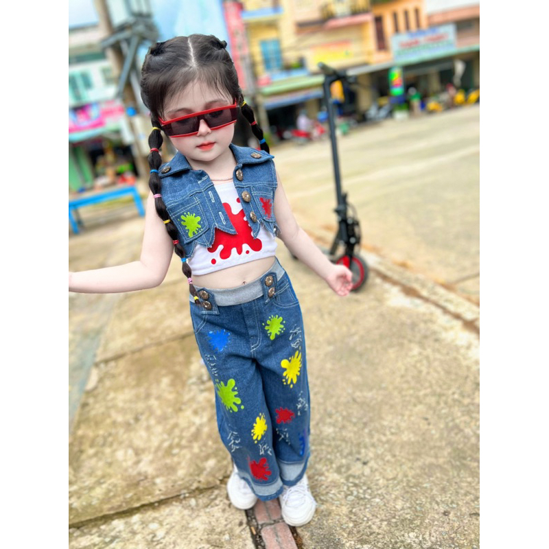 Sét quần jeans+ áo ghi lê+áo 2 dây bé gái