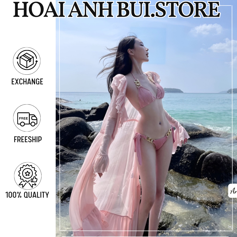 Bikini 2 Mảnh Phối Khoen Xích Kèm Áo Choàng Dài Hoài Anh Bùi Store, Bộ Đồ Lót Sexy Gợi Cảm Đủ 4 Màu Siêu Hot
